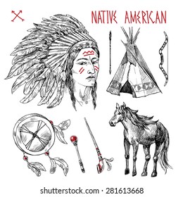 Beautiful han drawn sketch set of illustration native american