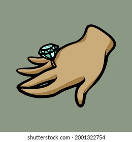 Beautiful hand with big diamond ring vector concept. Woman hand and big jewelry drawing. Illustration isolated on green background