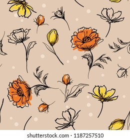 Linha de pinceladas de mão bonita do estilo de esboço de flores botânicas. Design de ilustração de padrão sem costura vetorial para moda, tecido e todas as impressões na cor de fundo bege claro