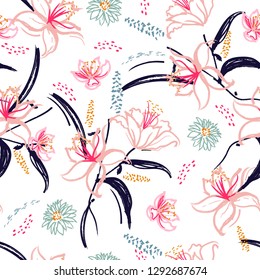 Beautiful  hand brushed watercolor ,Hand painting  blooming lilly and garden flower Seamless pattern in vector design for fashion,fabric,wallpaper,web and all prints on white background color