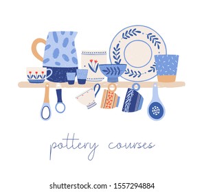 Beautiful hand crafted ceramic tableware hand drawn vector illustration. Pottery courses advertisement design element. Handmade plates, cups jugs and spoons with decorative hand painted ornaments.