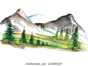 	
Beautiful hand draw landscape colorful mountain watercolor background