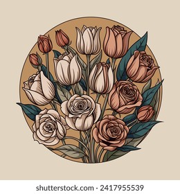 beautiful hand draw rose and tulip flowers bouquet vector illustrution backgound