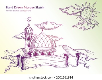 Beautiful hand draw sketch mosque card Free Vector