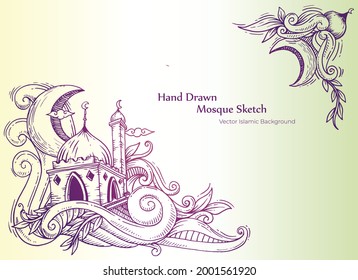 Bella mano dibujar boceto mezquita tarjeta Vector libre
