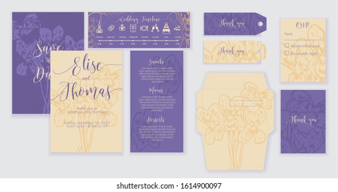 Beautiful hand draw violet wedding invitation cards. Vector design