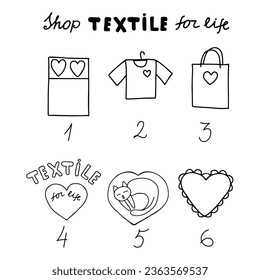 Beautiful hand drawing black vector textile set for shopping with lettering Shop textile for life isolated on a white background
