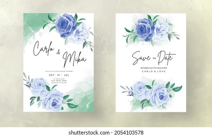 beautiful hand drawing blue flower wedding invitation card