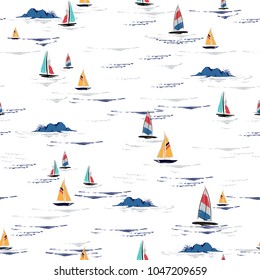 Beautiful Hand drawing colorful wind surf seamless pattern in vector. Flat style illustration. Summer beach surfing illustration in the ocean on white  background. 