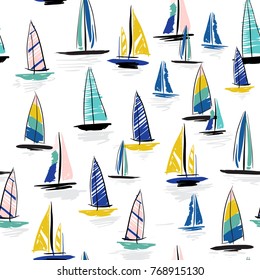 Beautiful Hand drawing colorful wind surf seamless pattern in vector. Flat style illustration. Summer beach surfing illustration in the ocean on white  background. 