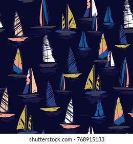 Beautiful Hand drawing colorful wind surf seamless pattern in vector. Flat style illustration. Summer beach surfing illustration in the ocean on navy background. 