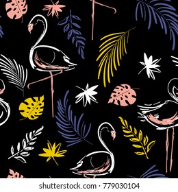 Beautiful hand drawing contrast tropical motif vector flamingo bird,leaves,tropical leaves,pattern on black background. Beautiful hand drawing contrast tropical motif vector flamingo bird,leaves,tropical leaves,pattern on black background.