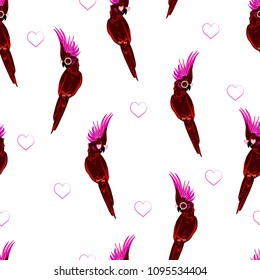 Beautiful  Hand drawing dark maroon  parrot ,macaw bird wearing cute and  sunglasses with heart minimal pattern print in seamless pattern vector on white