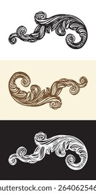 Beautiful hand drawing decorative design elements set. Engraving retro pattern. Vintage damask, old style filigree wedding swirl ornaments. Vector illustration for decoration, cards, invitation