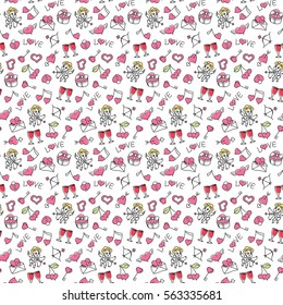 Beautiful hand drawing elements on a transparent background. Hand drawing seamless pattern for valentine's day with cupid, heart, love letter, key from the heart, etc.