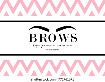 Beautiful hand drawing eyebrows for the logo of the master on the eyebrows. Business card template. Modern card on pink and white background with a zigzag