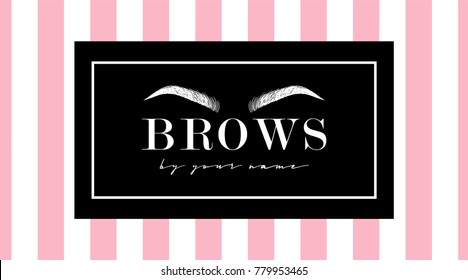 Beautiful hand drawing eyebrows for the logo of the master on the eyebrows. Business card template. Modern card on a striped pink and white background