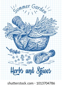 Beautiful hand drawing healthy herbs and spices mortar. Herbs, basil, chervil.