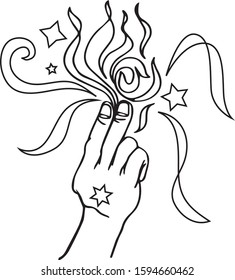 Beautiful hand drawing hand is holding fire. Mystic and stars. Vector illustration isolated. Tattoo design, mystic magic symbol for your use.