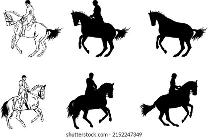 Beautiful hand drawing illustrations and silhouette of various dressage horses and rider 