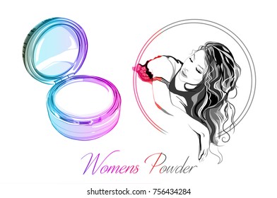 Beautiful hand drawing mirror with powder with a beautiful girl. Vector illustration