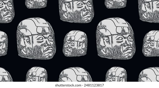 Beautiful hand drawing of Olmeca indigenous culture giant head seamless pattern over dark background