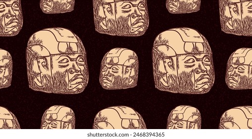 Beautiful hand drawing of Olmeca Mexican indigenous culture giant head seamless pattern 