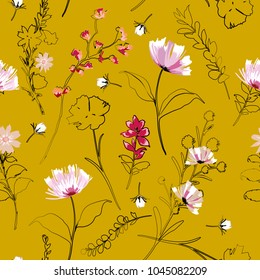 Beautiful hand drawing outline sketch with paintting florals seamless pattern in vector on stylish vintage yellow color background for fashion and all prints