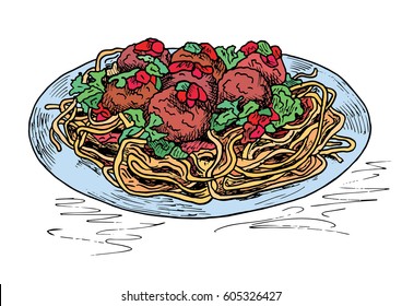 beautiful hand drawing pasta with meatballs with tomato sauce