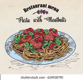 beautiful hand drawing pasta with meatballs with tomato sauce. Restaurant menu.