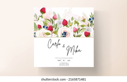 beautiful hand drawing roses flower wedding invitation card with strawberry and berry design