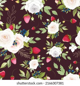 beautiful  hand drawing roses flower and strawberry fruit seamless pattern