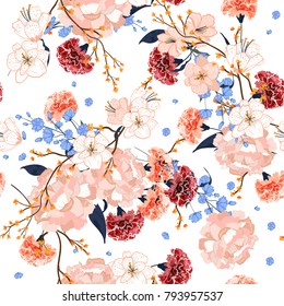 Beautiful hand drawing seamless pattern Blooming drawing florals background for textile decor and design. botanical wallpaper on white .