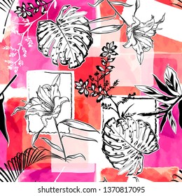 Beautiful hand drawing sketch botanical and tropical leaves on watercolor shade of pink seamless pattern vector design for fashion,fabric,wallpaper,web and all prints