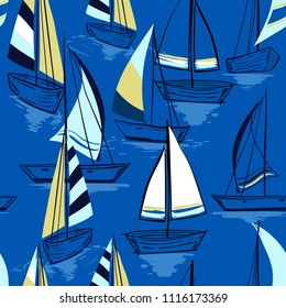  Beautiful Hand drawing  sketch Seamless summer sea pattern with sailing ships on ocean blue  background. Nautical pattern vector