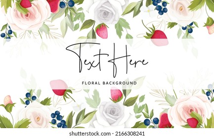 beautiful  hand drawing strawberry fruit and roses flower floral background