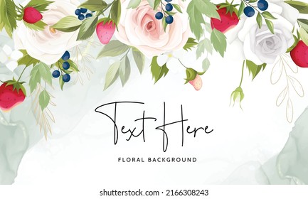 beautiful  hand drawing strawberry fruit and roses flower floral background