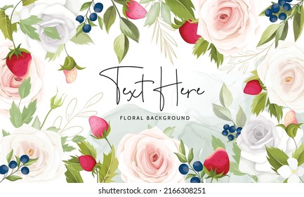 beautiful  hand drawing strawberry fruit and roses flower floral background