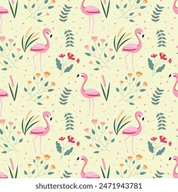 Beautiful hand drawing tropical motif vector flamingo bird,leaves,tropical leaves,pattern on pastel background.