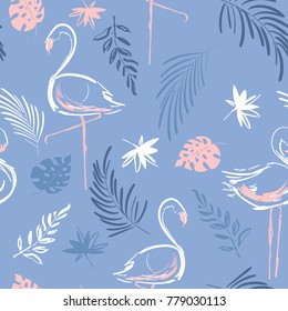 Beautiful hand drawing tropical motif vector flamingo bird,leaves,tropical leaves,pattern on pastale blue background.