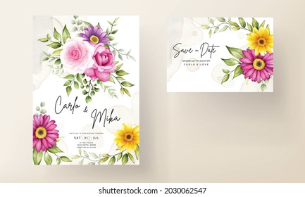 Beautiful hand drawing watercolor flower wedding invitation card