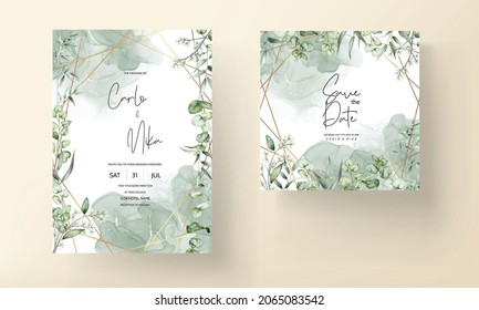 beautiful hand drawing watercolor leaves wedding invitation card template