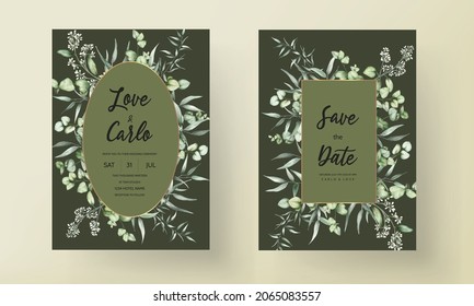beautiful hand drawing watercolor leaves wedding invitation card template