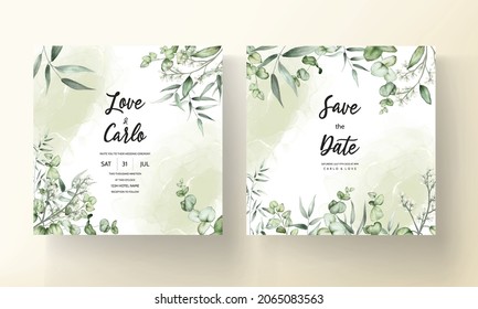 beautiful hand drawing watercolor leaves wedding invitation card template