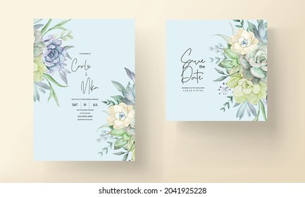 beautiful hand drawing watercolor succulent plant and flower wedding invitation template