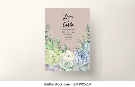 beautiful hand drawing watercolor succulent plant and flower wedding invitation template
