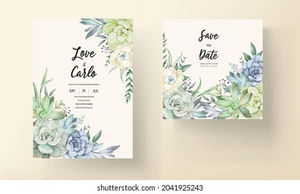 beautiful hand drawing watercolor succulent plant and flower wedding invitation template