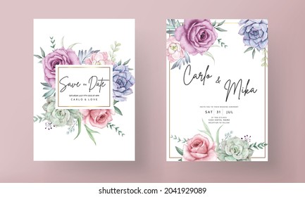 beautiful hand drawing watercolor succulent plant and rose flower wedding invitation template