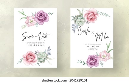 beautiful hand drawing watercolor succulent plant and rose flower wedding invitation template