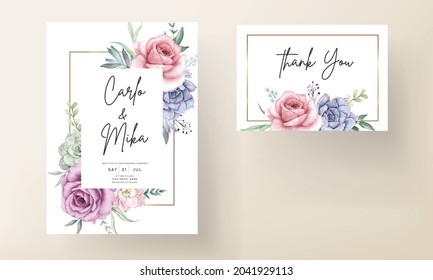 beautiful hand drawing watercolor succulent plant and rose flower wedding invitation template